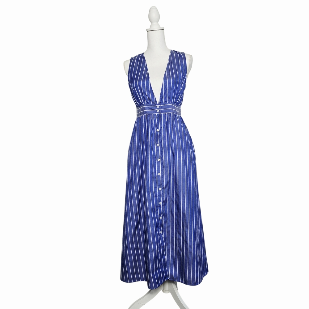 Urban Outfitters Lightweight Blue & White Striped V-Neck Button Front Maxi Dress